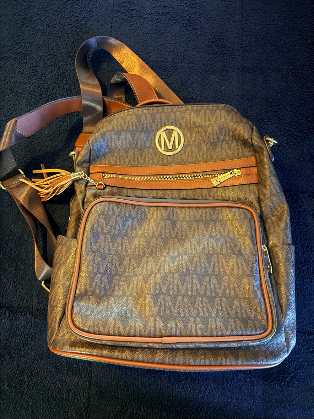 MK-Brown Monogram Crossbody Backpack - Branded M Logo with clutch and wallet